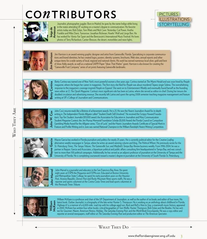 Contributors page with color-blocked bio cards