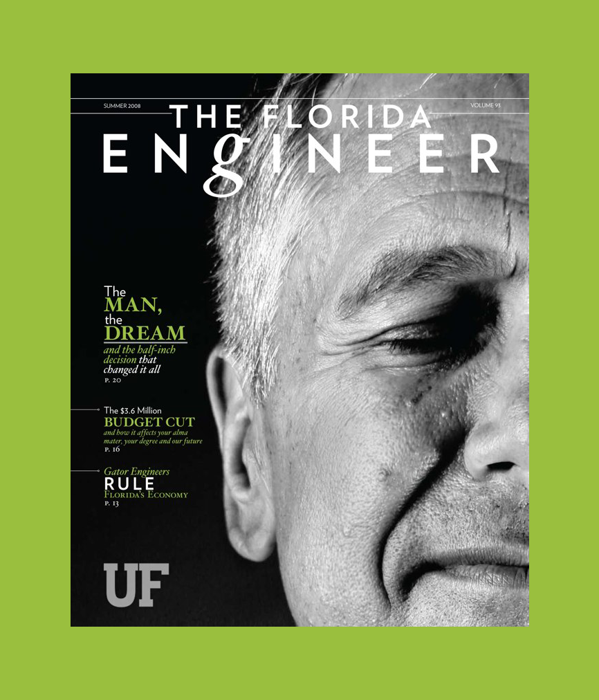 The Florida Engineer cover — dramatic B&W portrait, 'The Man, The Dream' headline, lime green
