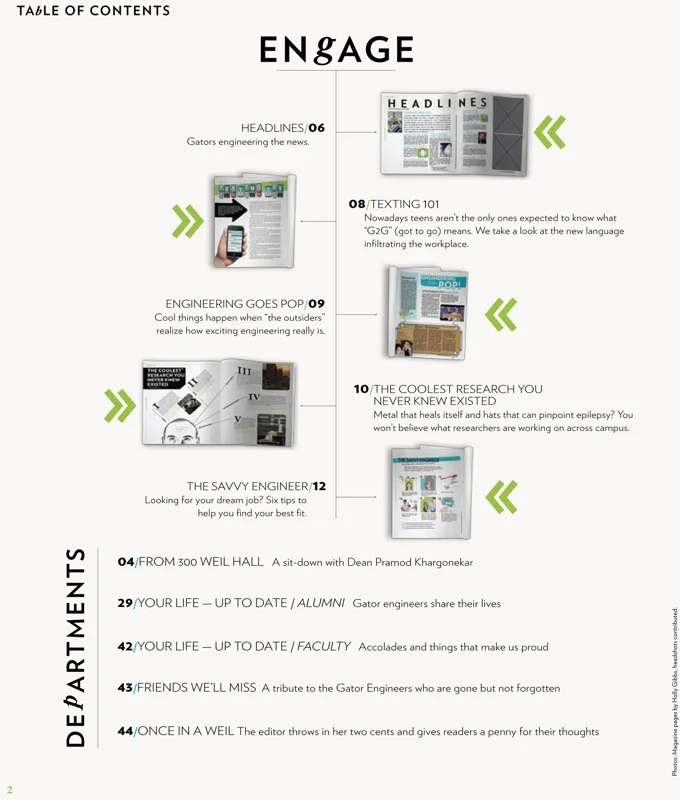 Engage — table of contents with mini spread thumbnails and chevron navigation