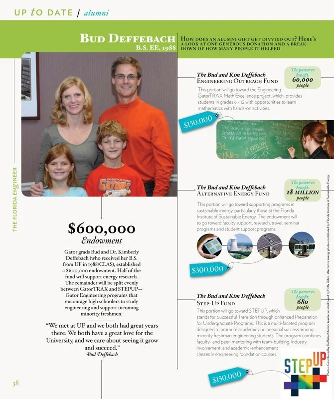 Alumni 'Up to Date' department page with $600k giving infographic milestone
